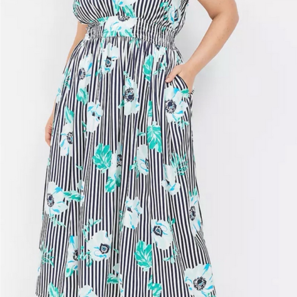 Lane Bryant Black and White Striped Maxi Dress with Bold Floral